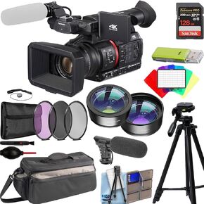 Panasonic AG-CX350 4K Camcorder with Lens Filters+128GB PRO Memory+120 LED+Microphone+Tripod+Camcorder Case+Deluxe Accessory Bundle