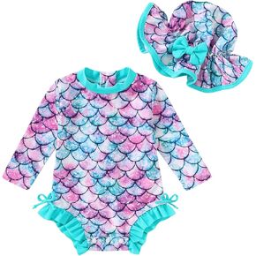 Infant Baby Swimsuit Girl Long Sleeve UPF 50+ Sun Protection One-Piece Rash Guard with Hat Zipper Bathing Suit