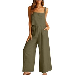 maisdgop 2 Piece Workout Sets for Women Comfy Cotton Linen Sleepwear Square Neck Tank Tops with Wide Leg Pants Lounge Sets