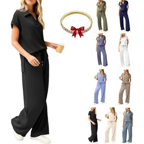 Womens 2 Piece Summer Outfit-Breathable & Wrinkle Resistant Sweatsuits Sets, V-Neck Short Sleeves and Wide Leg Pants