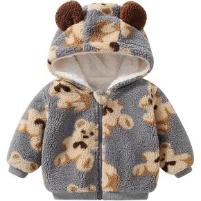 ACSUSS Baby Girls Boys Cute Bear Print Fleece Hoodie Coat Zip Up Faux Fur Hooded Jacket with Bear Ear