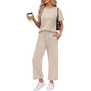 2 Piece Sets for Women Summer Vacation Outfits Sleeveless Mock Neck Tops Casual Wide Leg Pants Lounge Matching Set