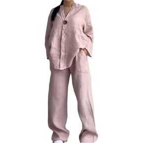Women's V-Neck Casual Suit, Cotton and Linen Long Sleeve and Wide Leg Pants Suit, 2025 Spring Fashion Solid Color 2-Piece Set