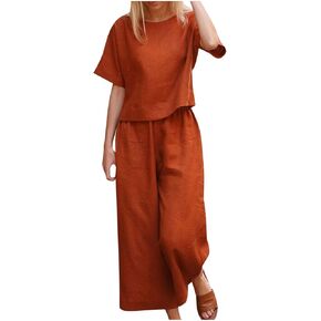 maisdgop 2 Piece Summer Sets for Women Plus Size Cotton Linen Set Casual Round Neck Short Sleeve Tops Wide Leg Pant Outfits