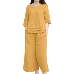 Womens Summer 2 Piece Sets 3/4 Sleeve Crewneck Pullover Shirts Tops and Cotton Linen Crop Pants Sets with Pockets