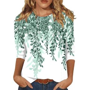 Summer Tops for Women 2024 Three Quarter Sleeve Round Neck Basic Tees Dressy Printed T Shirt Loose Fit Tunic Tops