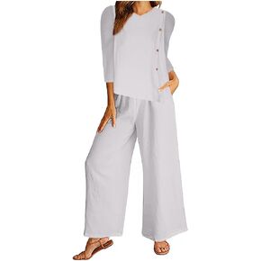 Vacation Outfits for WomenLinen Long Sleeve Button Down Shirt and Cotton Linen Pants Sets Travel Outfit for Airplane