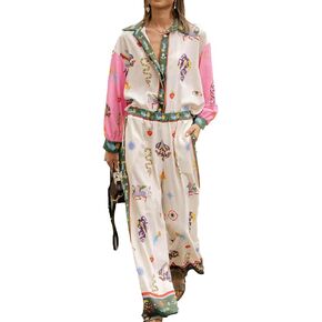 Women 2024 Loose 2 Piece Outfits Long Sleeve Graphic Print Button Down Shirt High Waist Wide Pants Set Streetwear Suit