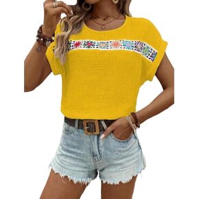 Women's Lace Patchwork Short Sleeve Top Summer Crweneck Contrast Color Blouses Shirts 2024 Fashion Blouse Tops