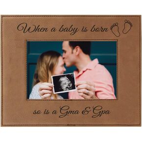 CustomGiftsNow When a Baby is Born so is a Gma & GPA Laser Engarved Faux Leather Grey Leatherette Wall Hanging/Tabletop 5x7 Vertical Picture Group Family New Grandchild Baby Photo Frame
