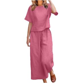 Two Piece Linen Sets for Women Matching Sets Travel Lounge Sets Summer Vacation Outfits Solid Top Wide Leg Pant Suit
