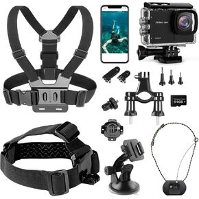 Action Camera Accessories Kits Bundle, 4k Camera Car Suction Cup Mount/Head Strap Mount/Chest Harness/360° Rotating Helmet Base/Magnetic Holder/Bicycle Handlebar Stands