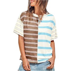 Womens Summer Tops Short Sleeve Crew Neck Shirts Patchwork Color Block Tee Loose Fit Casual Blouse Striped T Shirts