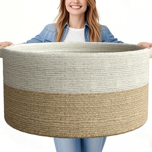 125L Extra Large Blanket Basket, 25" x 16" | Jumbo Laundry Woven Baskets Decorative Home, Cotton Rope Basket with Handles, Baby Toy Baskets for Storage, Gradual Gray in Kuwait
