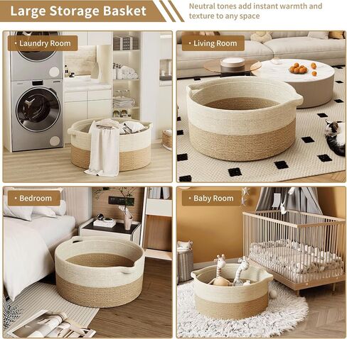125L Extra Large Blanket Basket, 25" x 16" | Jumbo Laundry Woven Baskets Decorative Home, Cotton Rope Basket with Handles, Baby Toy Baskets for Storage, Gradual Gray in Kuwait