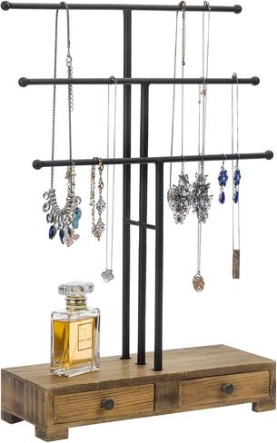 MyGift 3-Tier Gold Metal Jewelry Organizer Stand, Necklace and Bracelet Hanging Bar with Vintage White Wood Ring Tray in Saudi Arabia