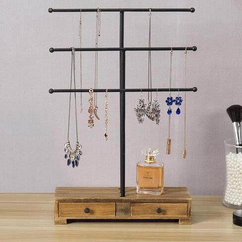 MyGift 3-Tier Gold Metal Jewelry Organizer Stand, Necklace and Bracelet Hanging Bar with Vintage White Wood Ring Tray in Saudi Arabia
