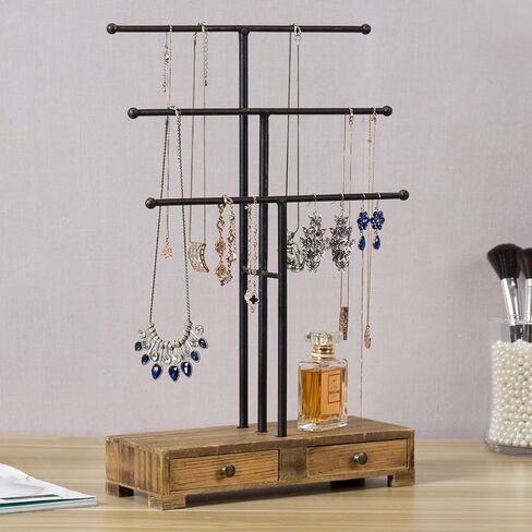 MyGift 3-Tier Gold Metal Jewelry Organizer Stand, Necklace and Bracelet Hanging Bar with Vintage White Wood Ring Tray in Saudi Arabia