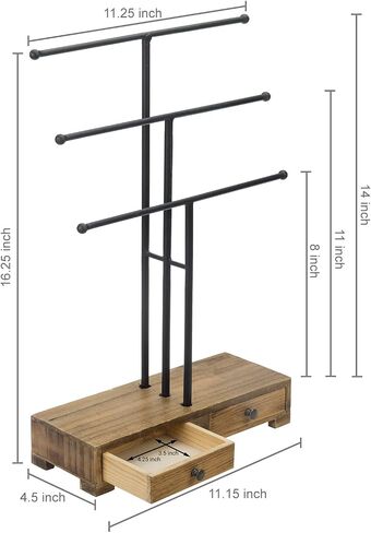 MyGift 3-Tier Gold Metal Jewelry Organizer Stand, Necklace and Bracelet Hanging Bar with Vintage White Wood Ring Tray in Saudi Arabia