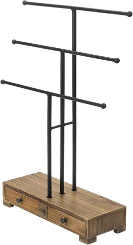 MyGift 3-Tier Gold Metal Jewelry Organizer Stand, Necklace and Bracelet Hanging Bar with Vintage White Wood Ring Tray in Saudi Arabia