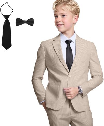 Seersucker Boys Suit for Kids 4 Pieces Formal Blazer Pants Set with Tie Tuxedos Summer Wedding Boy Seersucker Suit Beach Prom in Saudi Arabia