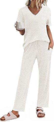 JiniGolla Women's Ribbed Knit Pajama Set 2 Piece Matching Pj Set Short Sleeve Top and Pants Lounge Set with Pockets in Kuwait