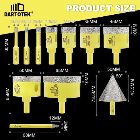 Diamond Core Drill Bits Set 12PCS - DARTOTEK Tile Hole Saw Kit (6/8/10/20/25/28/32/45/50/65mm/1-3/8/6mm for Porcelain, Ceramic Tile, Granite, Marble, Masonry in Saudi Arabia