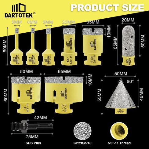 Diamond Core Drill Bits Set 12PCS - DARTOTEK Tile Hole Saw Kit (6/8/10/20/25/28/32/45/50/65mm/1-3/8/6mm for Porcelain, Ceramic Tile, Granite, Marble, Masonry in Saudi Arabia