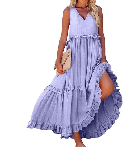 Womens Maxi Dress Sleeveless Sexy Tiered Flowy Summer Tank Dresses Loose Smocked Ruffle Swing Beach Long Sundress in Saudi Arabia