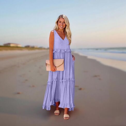 Womens Maxi Dress Sleeveless Sexy Tiered Flowy Summer Tank Dresses Loose Smocked Ruffle Swing Beach Long Sundress in Saudi Arabia