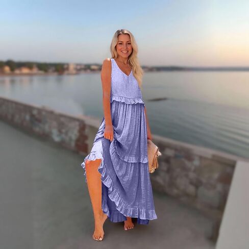 Womens Maxi Dress Sleeveless Sexy Tiered Flowy Summer Tank Dresses Loose Smocked Ruffle Swing Beach Long Sundress in Saudi Arabia