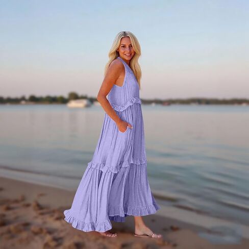 Womens Maxi Dress Sleeveless Sexy Tiered Flowy Summer Tank Dresses Loose Smocked Ruffle Swing Beach Long Sundress in Saudi Arabia