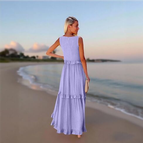 Womens Maxi Dress Sleeveless Sexy Tiered Flowy Summer Tank Dresses Loose Smocked Ruffle Swing Beach Long Sundress in Saudi Arabia