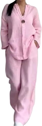 Women's V-Neck Casual Suit, Cotton and Linen Long Sleeve and Wide Leg Pants Suit, 2025 Spring Fashion Solid Color 2-Piece Set in Saudi Arabia