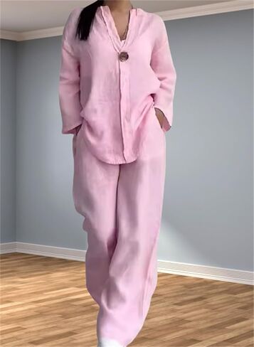 Women's V-Neck Casual Suit, Cotton and Linen Long Sleeve and Wide Leg Pants Suit, 2025 Spring Fashion Solid Color 2-Piece Set in Saudi Arabia