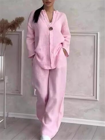 Women's V-Neck Casual Suit, Cotton and Linen Long Sleeve and Wide Leg Pants Suit, 2025 Spring Fashion Solid Color 2-Piece Set in Saudi Arabia