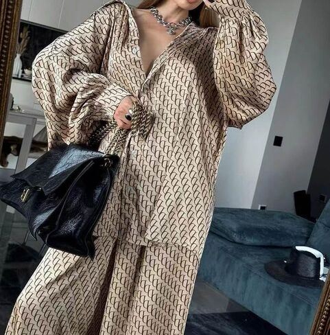 Women 2024 Loose 2 Piece Outfits Long Sleeve Graphic Print Button Down Shirt High Waist Wide Pants Set Streetwear Suit in Saudi Arabia