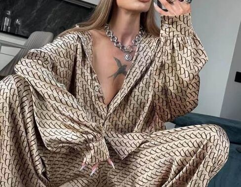 Women 2024 Loose 2 Piece Outfits Long Sleeve Graphic Print Button Down Shirt High Waist Wide Pants Set Streetwear Suit in Saudi Arabia