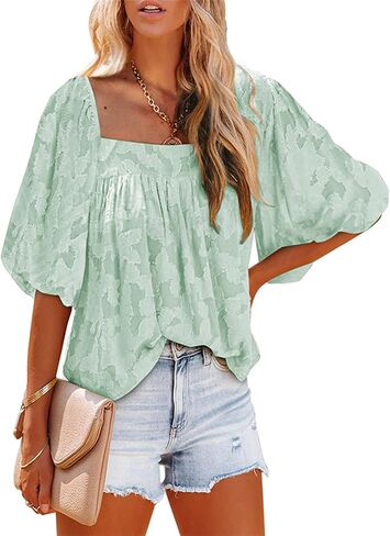 Womens Square Neck Tunic Shirts Tops Fashion Casual Textured Short Sleeve Loose Fit Bell Sleeves Ruffle Flowy T Shirts in Kuwait