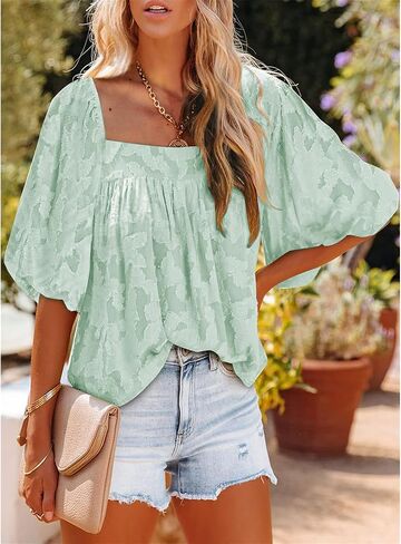 Womens Square Neck Tunic Shirts Tops Fashion Casual Textured Short Sleeve Loose Fit Bell Sleeves Ruffle Flowy T Shirts in Kuwait