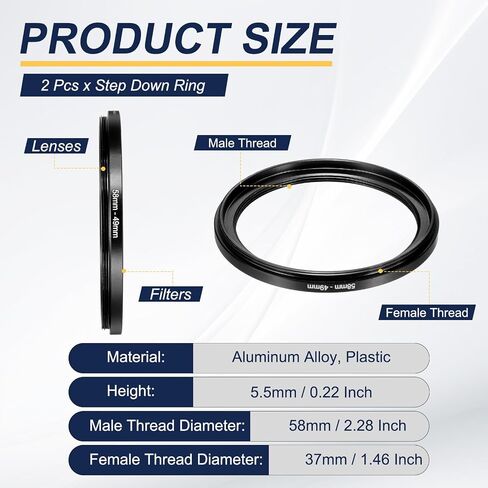 PATIKIL Step Down Ring Adapter 58mm to 55mm, 2 Pcs Filter Step-Down Rings Camera Lens Filters Metal Ring Digital for ND IR DSLR Lenses, Black in Saudi Arabia