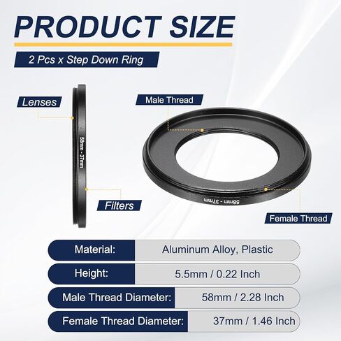 PATIKIL Step Down Ring Adapter 58mm to 55mm, 2 Pcs Filter Step-Down Rings Camera Lens Filters Metal Ring Digital for ND IR DSLR Lenses, Black in Saudi Arabia