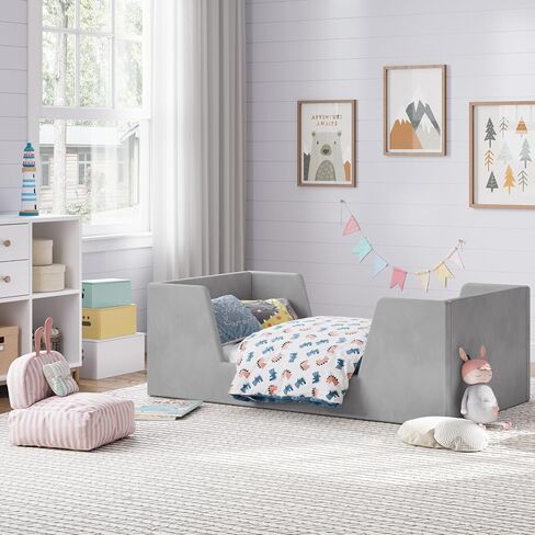 Toddler Bed, Toddler Floor Bed Frame with Guard Rails, Kids Bed for Ages 2-6 Years, Small Bed for Kids Girls and Boys, Standard Crib Mattress Toddler Beds, Certified Fabric Beds in Saudi Arabia