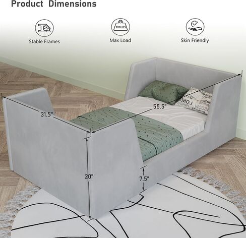 Toddler Bed, Toddler Floor Bed Frame with Guard Rails, Kids Bed for Ages 2-6 Years, Small Bed for Kids Girls and Boys, Standard Crib Mattress Toddler Beds, Certified Fabric Beds in Saudi Arabia