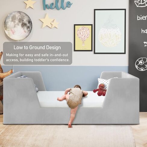 Toddler Bed, Toddler Floor Bed Frame with Guard Rails, Kids Bed for Ages 2-6 Years, Small Bed for Kids Girls and Boys, Standard Crib Mattress Toddler Beds, Certified Fabric Beds in Saudi Arabia