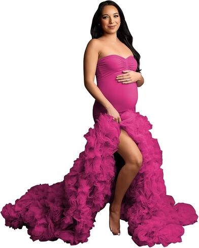 Stretchy Tight Maternity Dresses Pregnancy Gown for Photoshoot Strapless Ruffles Robe for Women Pregnant in Saudi Arabia