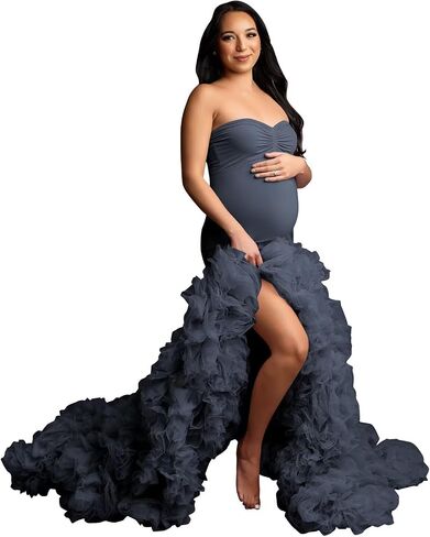 Stretchy Tight Maternity Dresses Pregnancy Gown for Photoshoot Strapless Ruffles Robe for Women Pregnant in Saudi Arabia