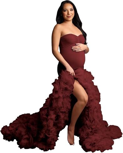 Stretchy Tight Maternity Dresses Pregnancy Gown for Photoshoot Strapless Ruffles Robe for Women Pregnant in Saudi Arabia
