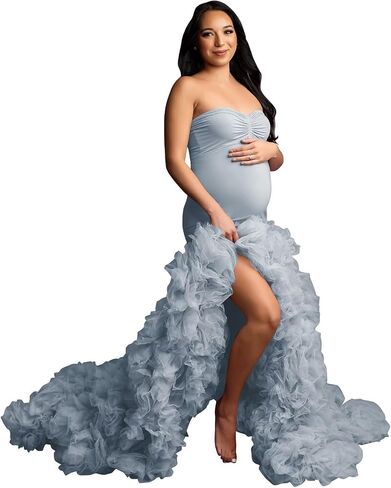 Stretchy Tight Maternity Dresses Pregnancy Gown for Photoshoot Strapless Ruffles Robe for Women Pregnant in Saudi Arabia