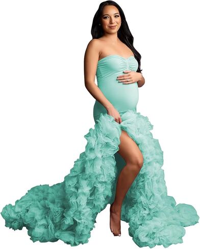 Stretchy Tight Maternity Dresses Pregnancy Gown for Photoshoot Strapless Ruffles Robe for Women Pregnant in Saudi Arabia